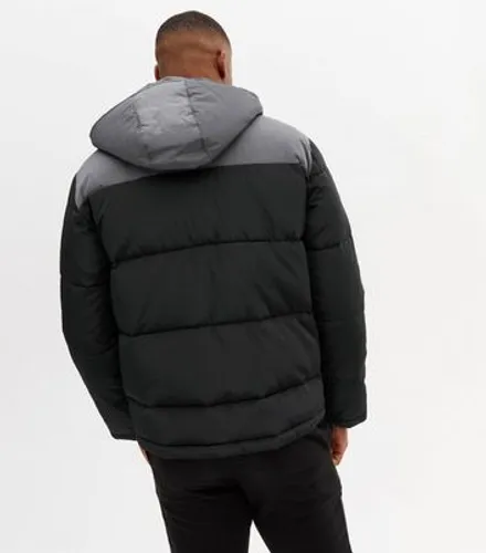 Men's Black Colour Block Hooded Puffer Jacket New Look