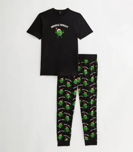 Men's Black Cotton Cuffed Jogger Pyjama Set with Muscle Sprout Print New Look
