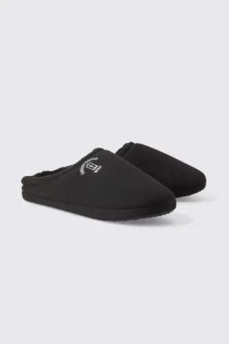 Mens Black Embroidered Jersey Slippers, Black