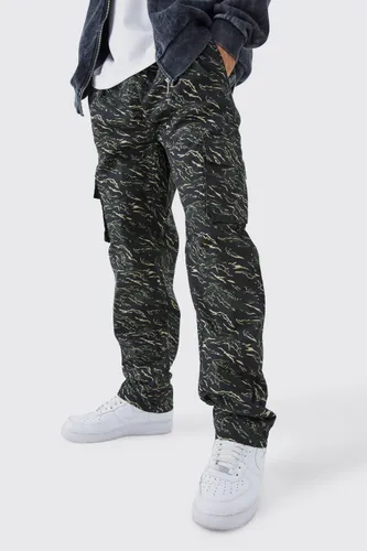 Mens Black Fixed Waist Ripstop Camouflage Cargo Trousers, Black