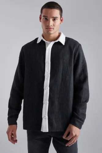 Mens Black Heavyweight Boucle Overshirt With Contrast Border, Black