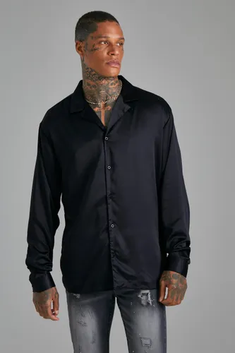 Mens Black Long Sleeve Drop Revere Oversized Satin Shirt, Black