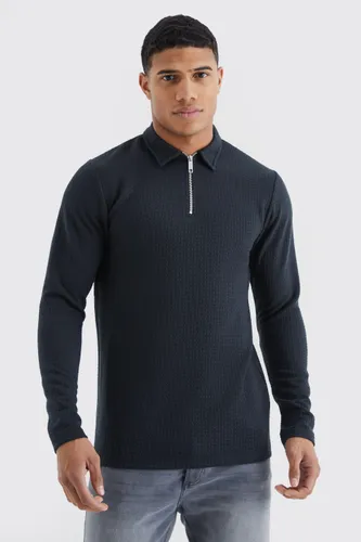 Mens Black Long Sleeve Slim Cable Textured Polo, Black