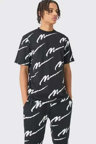 Mens Black Man Signature All Over Print Tshirt & Jogger Set, Black