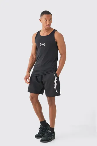 Mens Black Muscle Fit Graphic Official Vest & Shorts Set, Black