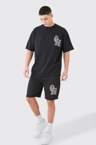 Mens Black Oversized Applique T-shirt & Short Set, Black