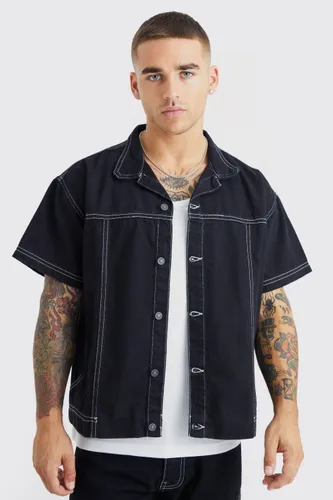 Mens Black Oversized Boxy Contrast Stitch Denim Shirt, Black