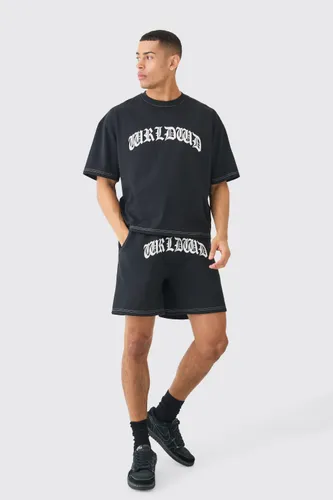Mens Black Oversized Boxy Contrast Stitch Puff Print T-shirt & Short Set, Black