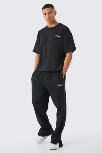 Mens Black Oversized Boxy Embroided T-shirt And Trouser Set, Black