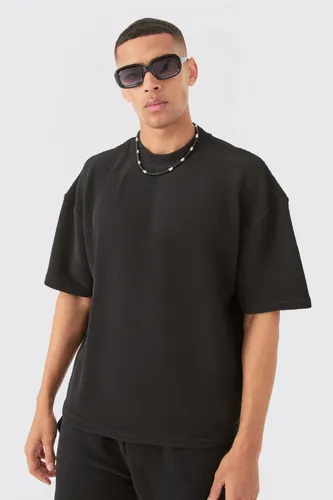 Mens Black Oversized Boxy Extended Neck Textured T-shirt, Black
