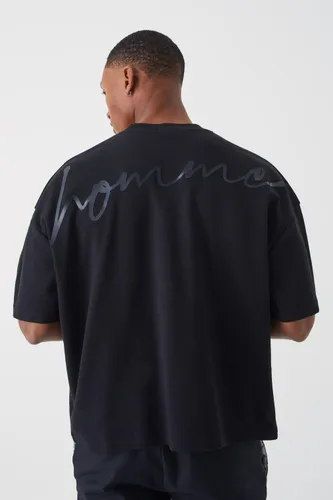 Mens Black Oversized Boxy Heavyweight Interlock Graphic T-shirt, Black