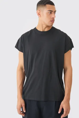 Mens Black Oversized Cropped Sleeves T-shirt, Black