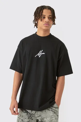 Mens Black Oversized Extended Neck Man Flock Printed T-shirt, Black