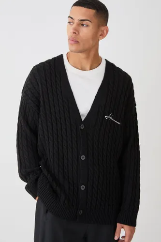 Mens Black Oversized Homme Cable Knitted Cardigan, Black
