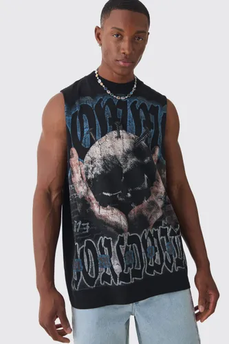 Mens Black Oversized Skull Large Scale Print vest, Black