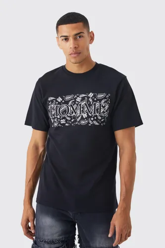 Mens Black Paisley Interlock Homme Slogan T-shirt, Black