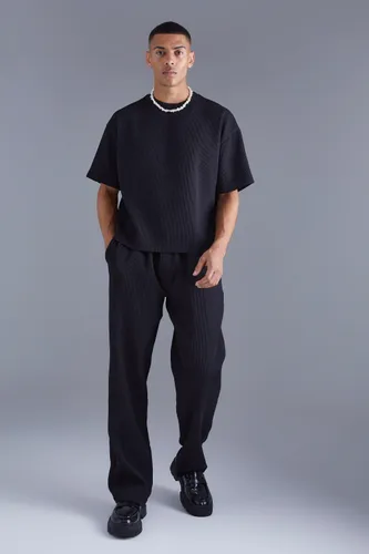 Mens Black Pleated Oversized Boxy T-shirt & Elasticated Relaxed Trouser, Black