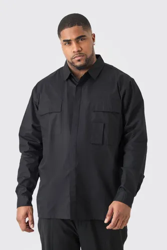 Mens Black Plus Longsleeve Poplin Utility Layered Shirt, Black
