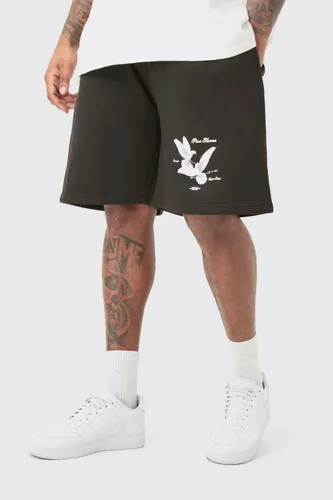 Mens Black Plus Oversized Fit Dove Print Jersey Shorts, Black