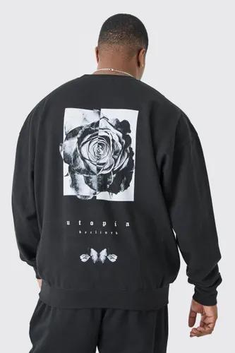 Mens Black Plus Oversized Floral Back Graphic Sweatshirt, Black
