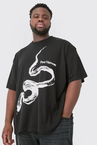 Mens Black Plus Pour Homme Snake Graphic Oversized T-shirt, Black