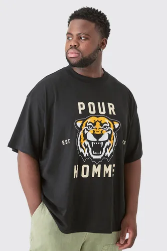Mens Black Plus Pour Homme Tiger Graphic Oversized T-shirt, Black