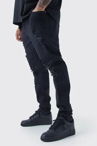 Mens Black Plus Skinny Jeans With All Over Rips, Black
