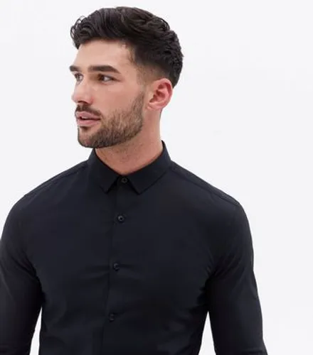 Men's Black Poplin Long Sleeve Muscle Fit Shirt New Look