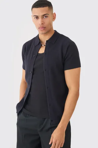 Mens Black Regular Fit Short Sleeve Knitted Shirt, Black