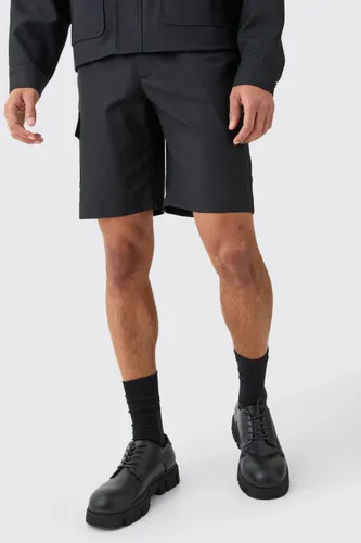 Mens Black Relaxed Fit Tailored Cargo Shorts, Black