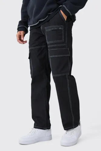 Mens Black Relaxed Multi Cargo Pocket Contrast Stitch Trouser, Black