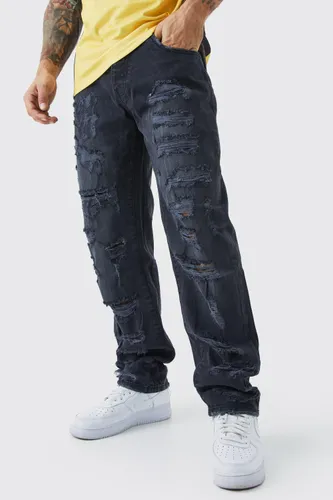 Mens Black Relaxed Rigid Extreme Ripped Jean, Black