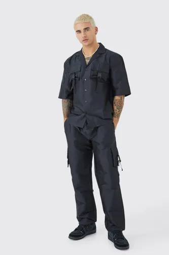 Mens Black Short Sleeve Oversized Revere Utility Shirt & Cargo Trouser Set, Black