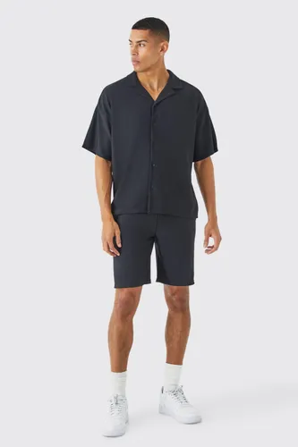 Mens Black Short Sleeve Ribbed Boxy Shirt And Short Set, Black