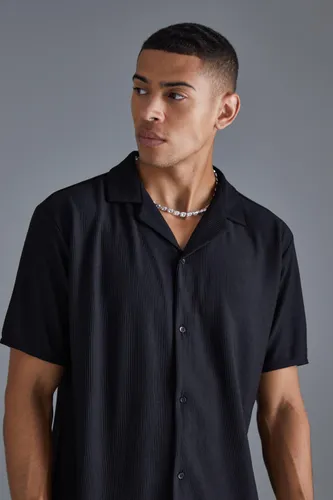 Mens Black Short Sleeve Ribbed Revere Oversized Shirt, Black