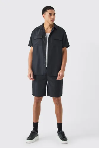 Mens Black Short Sleeve Soft Twill Overshirt And Short Set, Black