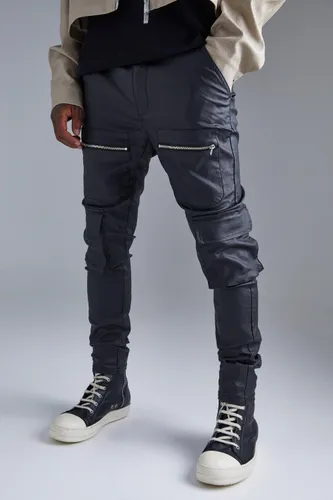 Mens Black Skinny Multi Zip Cargo Coated Twill Trouser, Black