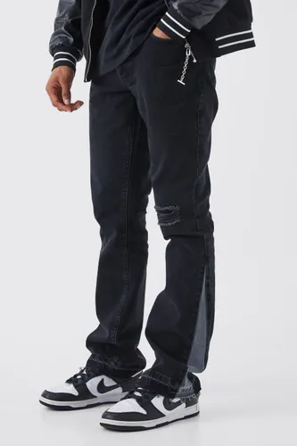 Mens Black Slim Rigid Flare Contrast Gusset Rip Jeans, Black