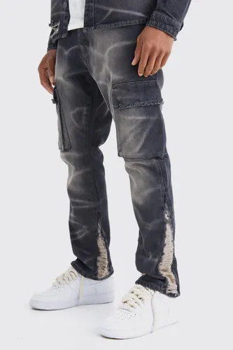 Mens Black Slim Rigid Flare Overdyed Distressed Cargo Jeans, Black