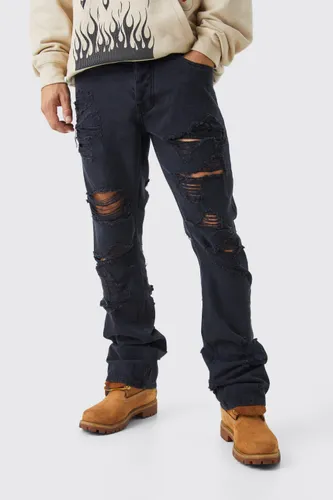 Mens Black Slim Rigid Flare Self Fabric Applique Official Jeans, Black