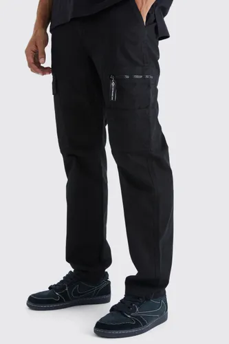 Mens Black Straight Leg Cargo Trouser With Branded Zip Puller, Black