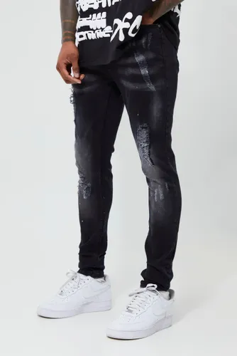 Mens Black Super Skinny Distressed Paint Splat Jeans, Black
