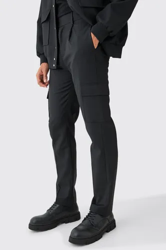 Mens Black Tailored Straight Fit Cargo Trousers, Black