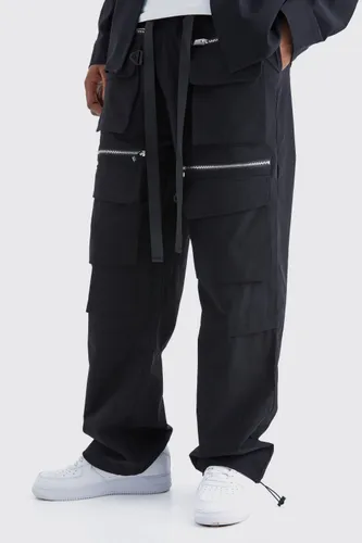 Mens Black Tall Elasticated Waist Technical 3d Pocket Cargo Trouser, Black