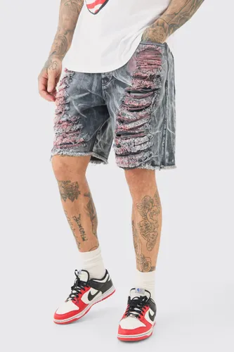 Mens Black Tall Extreme Rip Acid Wash Relaxed Fit Short, Black