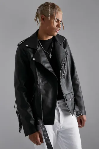 Mens Black Tall Faux Leather Biker Jacket With Fringe, Black
