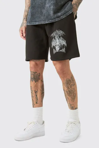 Mens Black Tall Oversized Fit Gothic Print Jersey Shorts, Black