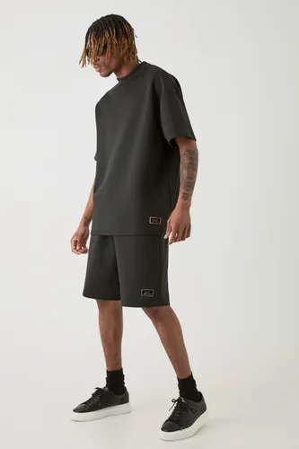 Mens Black Tall Oversized Scuba T-shirt & Relaxed Short Set, Black