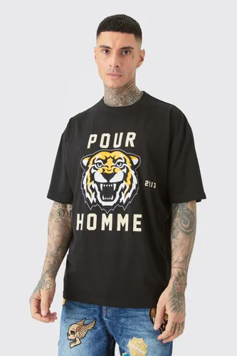 Mens Black Tall Pour Homme Tiger Graphic Oversized T-shirt, Black