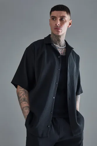 Mens Black Tall Short Sleeve Revere Oversized Pleated Shirt, Black